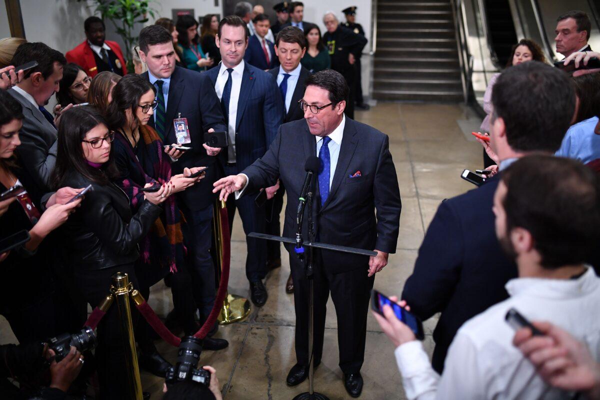 President Donald Trump's personal lawyer Jay Sekulow speaks to the press during a recess in the impeachment trial at the U.S. Capitol in Washington on Jan. 24, 2020. (Mandel Ngan/AFP via Getty Images)