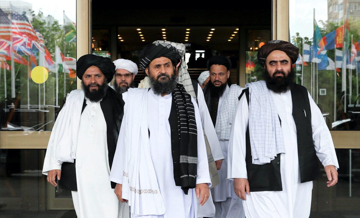 Members of a Taliban delegation leaving after peace talks with Afghan senior politicians in Moscow on May 30, 2019. (Evgenia Novozhenina/Reuters-File)