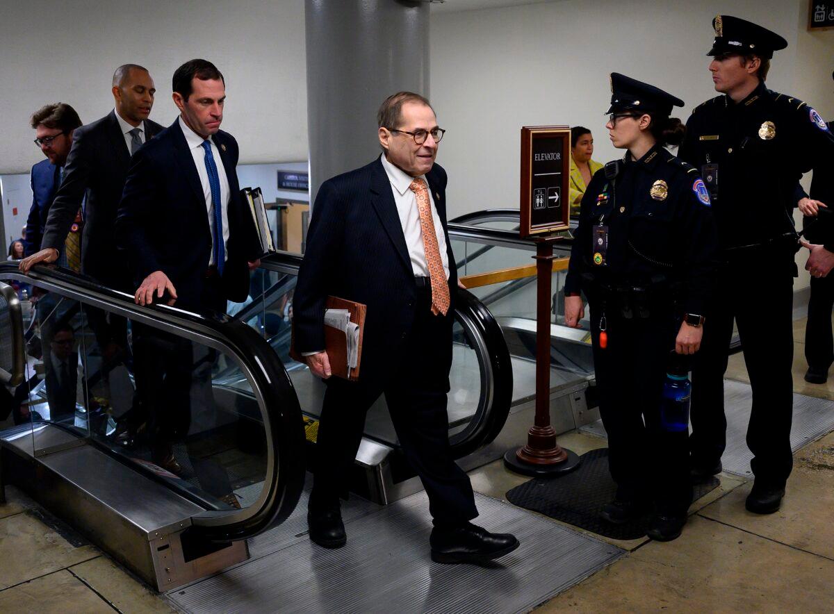 House manager Jerrold Nadler (C) leaves after speaking to reporters on the fourth day of the Senate impeachment trial of President Donald Trump in Washington on Jan. 24, 2020. (Andrew Caballero-Reynolds/AFP via Getty Images)