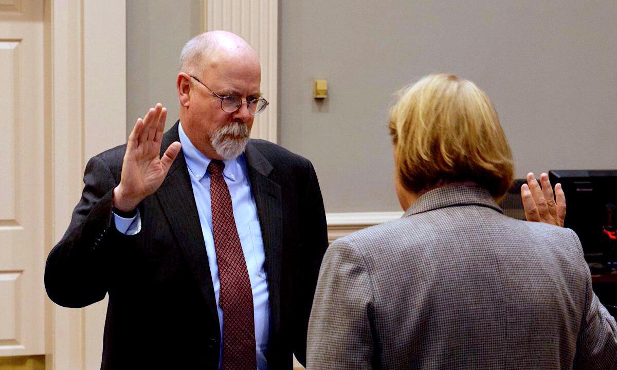 John Durham, left, is sworn in as the U.S. Attorney for the District of Connecticut by Chief U.S. District Judge Janet C. Hall in New Haven, Connecticut, on Feb. 22, 2018. (Courtesy of the U.S. Attorney's Office for the District of Connecticut)