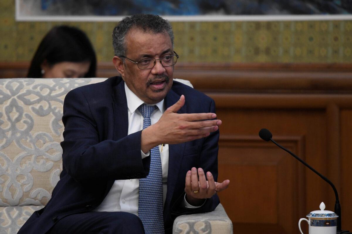 Tedros Adhanom Ghebreyesus, director-general of the World Health Organization, speaks during a meeting with Chinese Foreign Minister Wang Yi at the Diaoyutai State Guesthouse in Beijing, China, on Jan. 28, 2020. (Naohiko Hatta/Pool via Reuters)