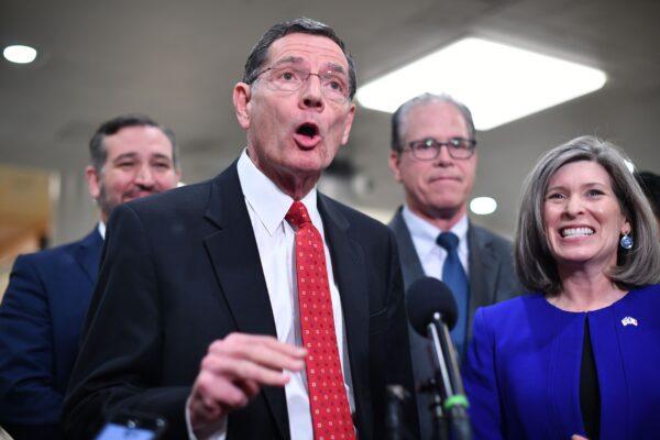 Sen. John Barrasso (R-Wyo.) (C) speaks to the media during a recess in the impeachment trial of President Donald Trump at the Capitol in Washington on Jan. 27, 2020. (Mandel Ngan/AFP via Getty Images)