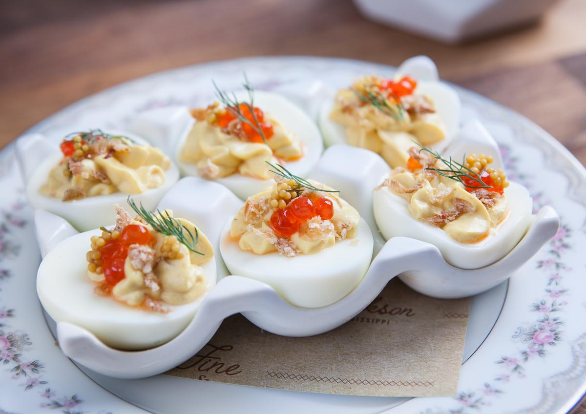 Deviled egg with smoked salmon caviar. (Courtesy of Fine & Dandy)