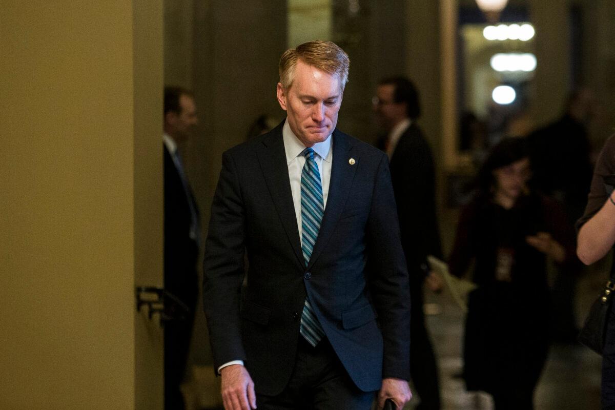 Sen. James Lankford (R-Okla.) leaves a closed-door Senate Republican caucus meeting after the Senate adjourned for the day during the Senate impeachment trial of President Donald Trump at the U.S. Capitol in Washington on Jan. 28, 2020. (Chip Somodevilla/Getty Images)
