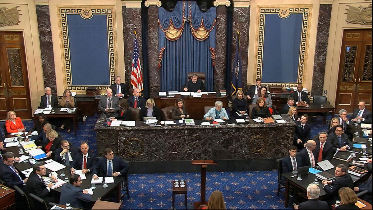 In this image from video, the Senate chamber during the impeachment trial against President Donald Trump in the Senate at the U.S. Capitol in Washington on Jan. 28, 2020. (Senate Television via AP)