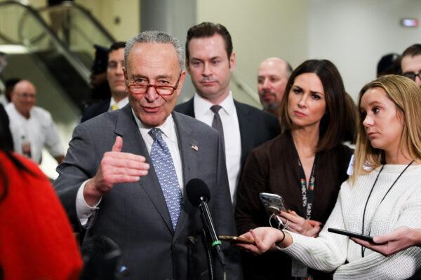 Senate Minority Leader Sen. Chuck Schumer (D-N.Y.) speaks to the media at the Capitol in Washington on Jan. 27, 2020. (Charlotte Cuthbertson/The Epoch Times)