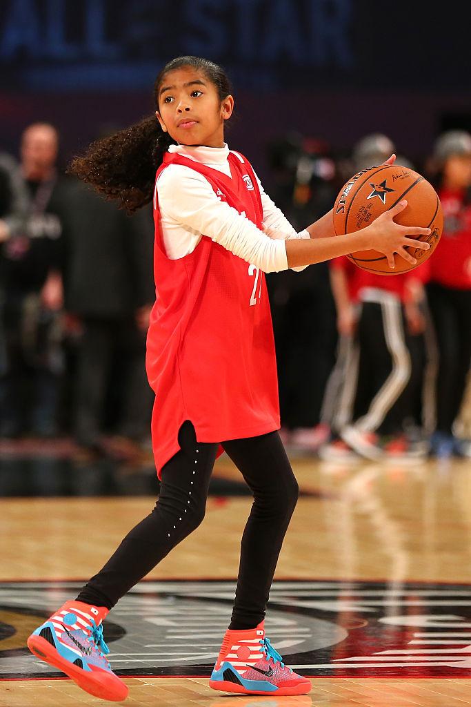 Gianna handles the ball during warm-ups before the NBA All-Star Game at the Air Canada Center in Toronto, Ontario, on Feb. 14, 2016. (©Getty Images | <a href="https://www.gettyimages.com/detail/news-photo/gianna-bryant-daughter-of-kobe-bryant-of-the-los-angeles-news-photo/511140612?adppopup=true">Elsa</a>)