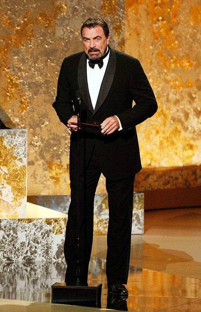 Selleck presents the Outstanding Drama Series award during the 60th Primetime Emmy Awards at Nokia Theater in Los Angeles on Sept. 21, 2008. (©Getty Images | <a href="https://www.gettyimages.com/detail/news-photo/actor-tom-selleck-presents-the-outstanding-drama-series-news-photo/82939416?adppopup=true">Kevin Winter</a>)
