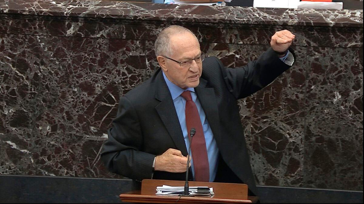 Alan Dershowitz, an attorney for then-President Donald Trump, answers a question during the impeachment trial against Trump in the Senate at the U.S. Capitol in Washington on Jan. 29, 2020. (Senate Television via AP)