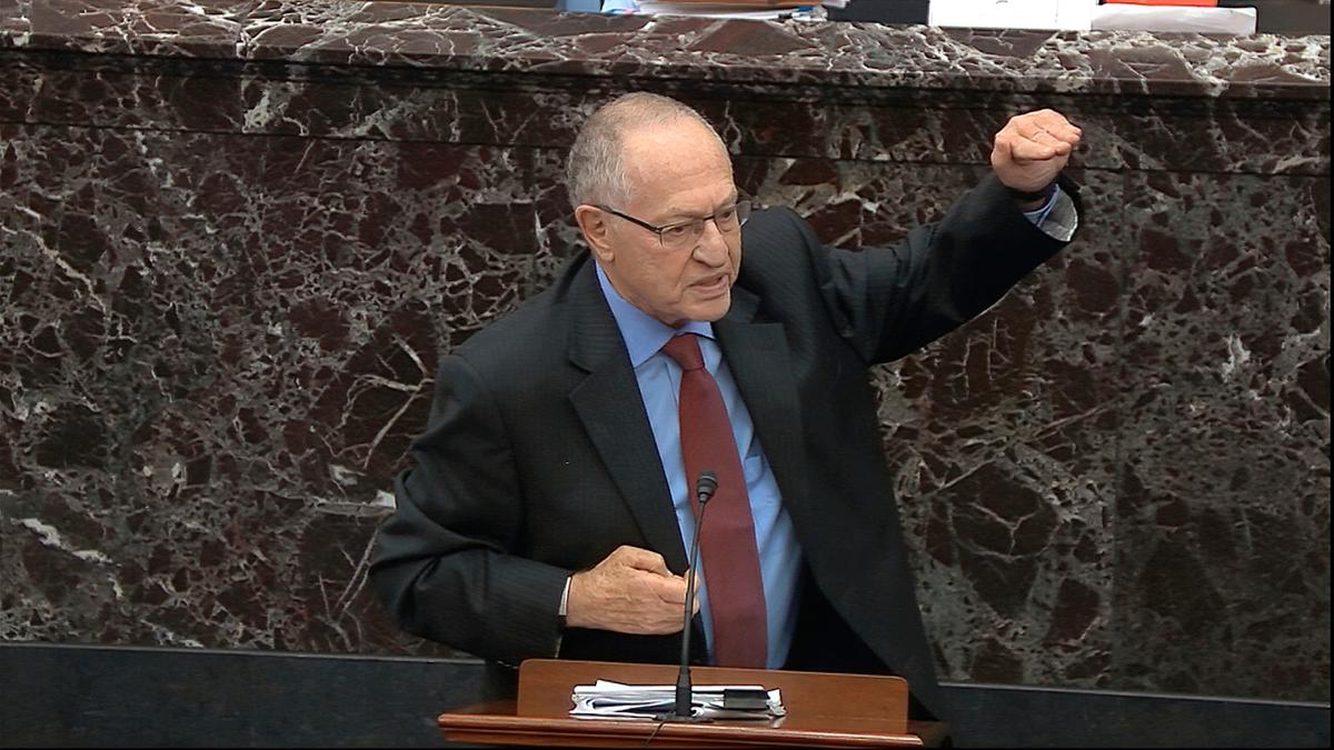Alan Dershowitz, an attorney for President Donald Trump, answers a question during the impeachment trial against Trump in the Senate at the U.S. Capitol in Washington, Jan. 29, 2020. (Senate Television via AP)