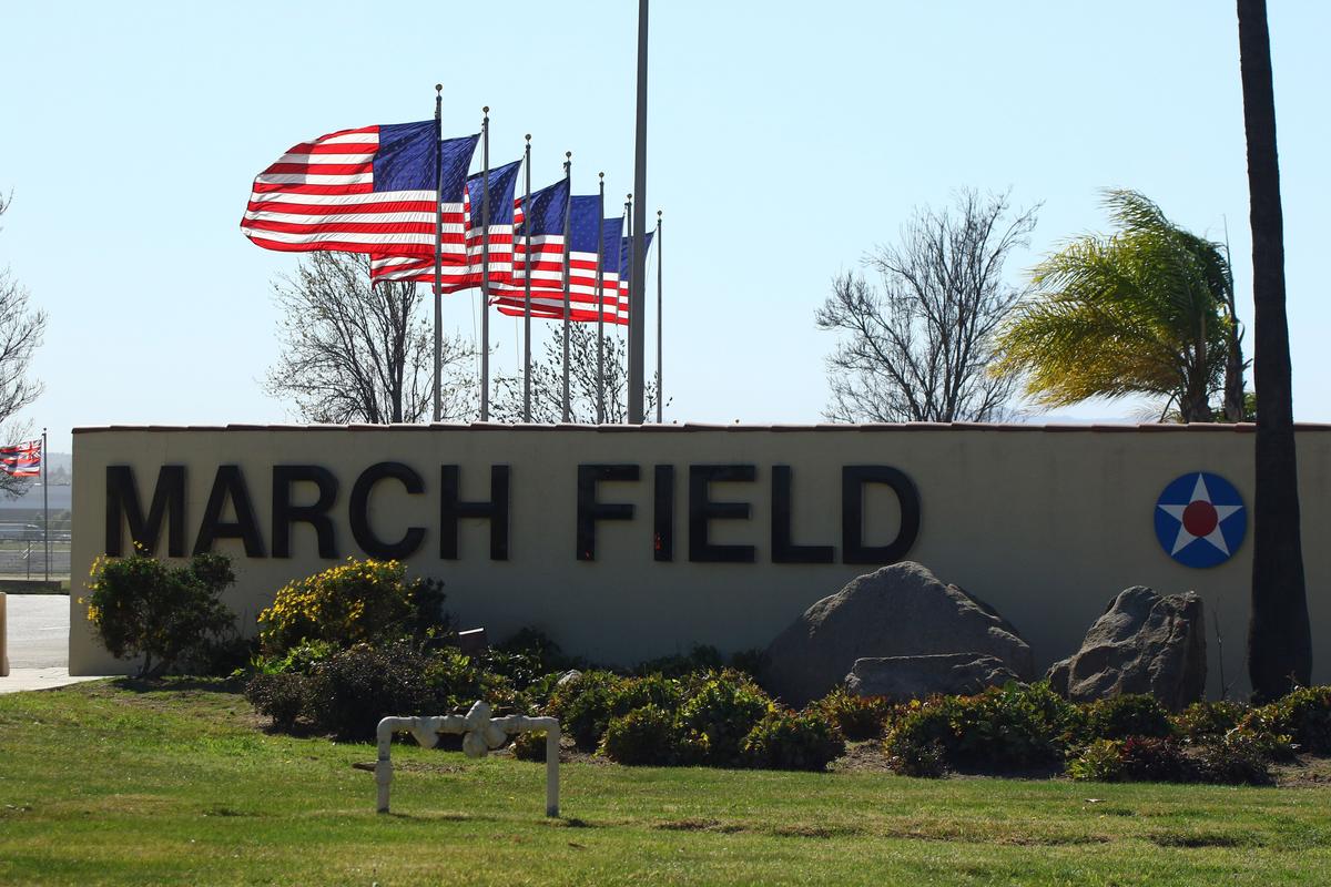 The entrance to March Air Reserve Base in Riverside, Calif. on Jan. 29, 2020. (Matt Hartman/AFP via Getty Images)
