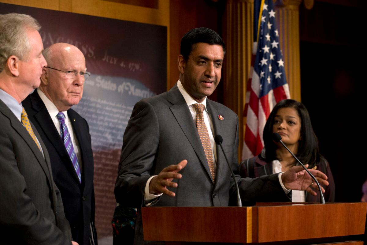 Rep. Ro Khanna (D-Calif.) speaks as other lawmakers listen in a press conference in Iran about a measure limiting President Donald Trump's ability to take military action against Iran, on Capitol Hill, in Washington on Jan. 9, 2020. (Jose Luis Magana/AP Photo)