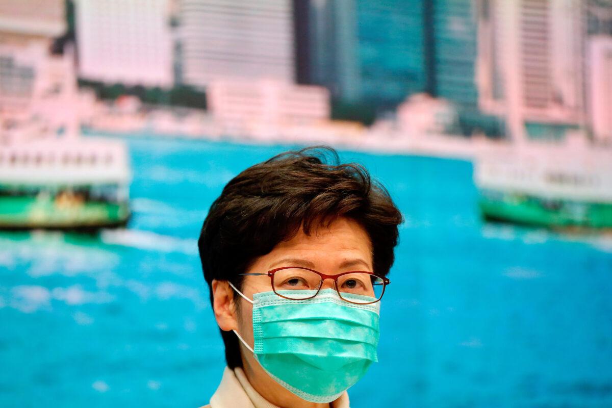Hong Kong Chief Executive Carrie Lam wears a mask, following the outbreak of a new coronavirus, during a news conference in Hong Kong, China on Jan. 31, 2020. (Tyrone Siu/Reuters)