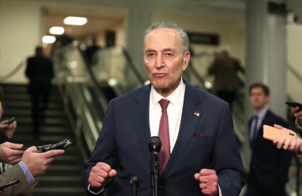 Senate Minority Leader Sen. Chuck Schumer (D-N.Y.) speaks to media after the vote to deny witnesses in the ongoing impeachment trial of President Donald Trump at the Capitol in Washington on Jan. 31, 2020. (Charlotte Cuthbertson/The Epoch Times)