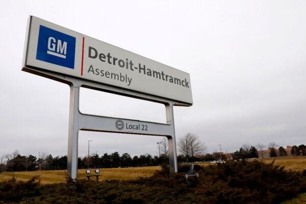 A sign is seen outside of General Motors Detroit- Hamtramck assembly plant on in Detroit, Mich., on Jan. 27, 2020. (Jeff Kowalsky/AFP via Getty Images)