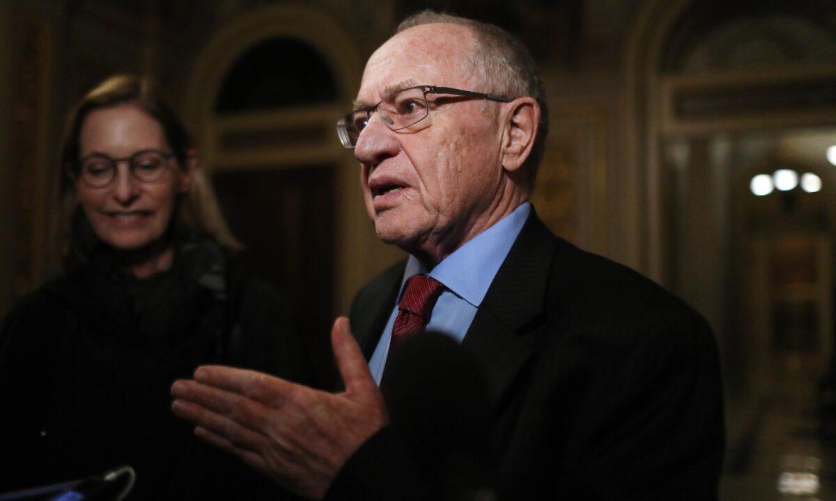 Attorney Alan Dershowitz, then member of President Donald Trump's legal team, speaks to the press in the Senate Reception Room during the Senate impeachment trial at the Capitol in Washington on Jan. 29, 2020. (Mario Tama/Getty Images)
