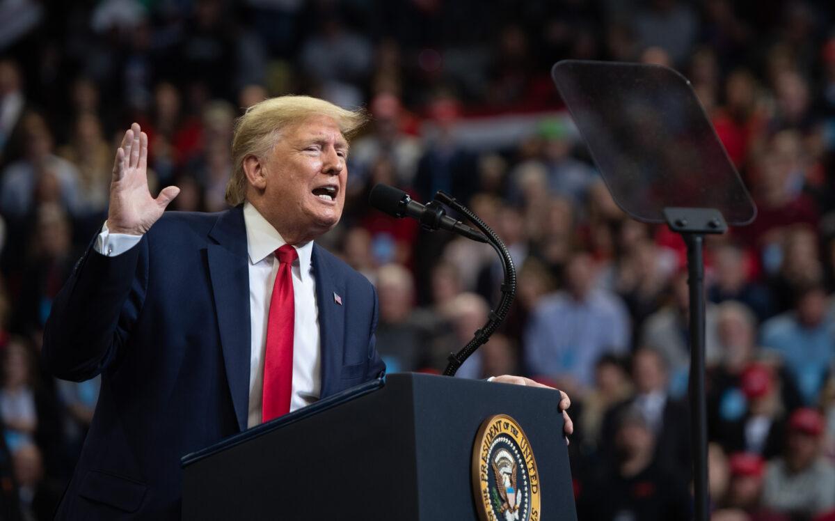 President Donald Trump gestures as he speaks during a "Keep America Great" campaign rally at Drake University in Des Moines, Iowa, on Jan. 30, 2020. (Saul Loeb/AFP via Getty Images)