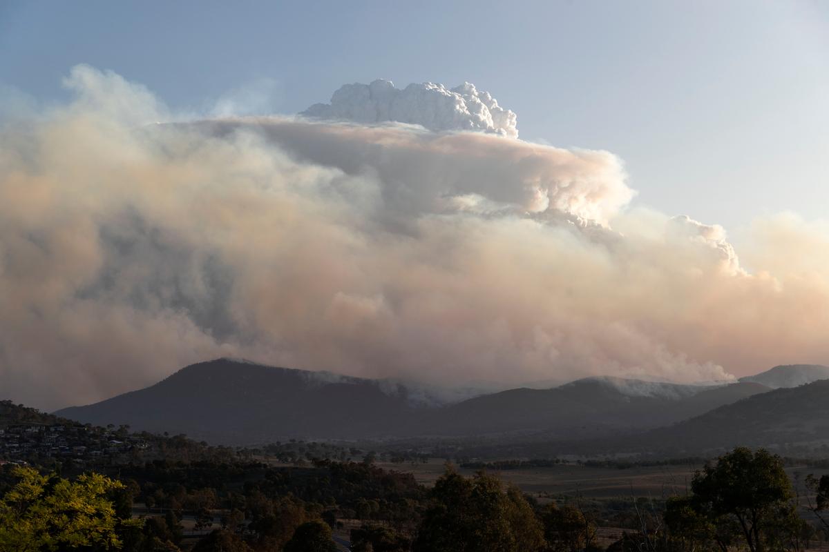 A pyrocumulonimbus cloud is generated by the intense Orroral Valley bushfire burning to the south of Canberra, Australia, on Jan. 31, 2020. (Brook Mitchell/Getty Images)