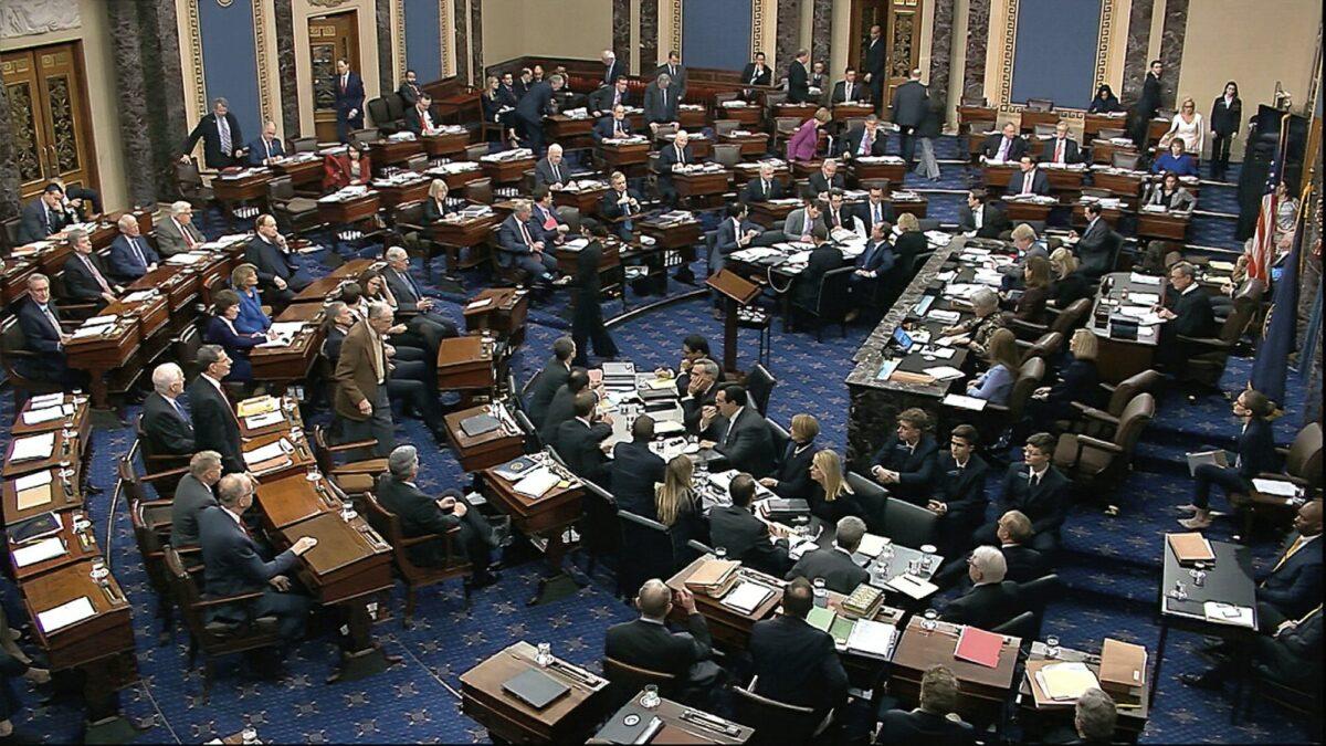 Senators cast their vote on the motion to allow additional witnesses and evidence to be allowed in the impeachment trial against President Donald Trump in the Senate at the U.S. Capitol in Washington, on Jan. 31, 2020. The motion failed with a vote of 51-49. (Senate Television via AP)