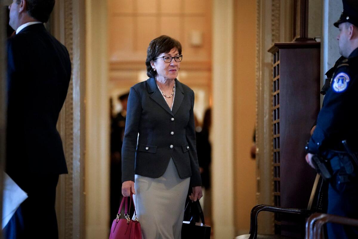 Sen. Susan Collins (R-Maine) arrives at the Senate chamber as the Senate impeachment trial of U.S. President Donald Trump continues at the U.S. Capitol in Washington on Jan. 30, 2020. (Drew Angerer/Getty Images)
