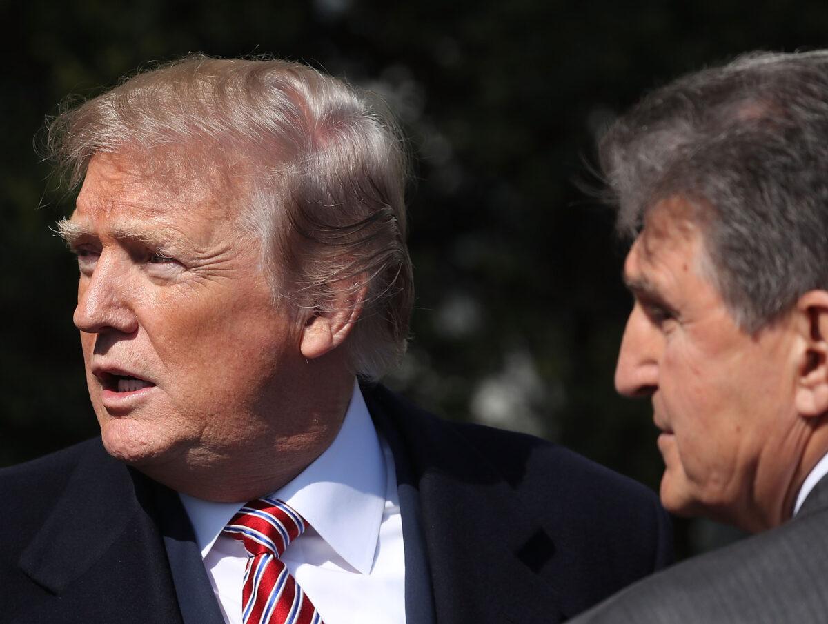 President Donald Trump talks with Sen. Joe Manchin (D-W.Va.) during an event at the White House on April 10, 2019. (Mark Wilson/Getty Images)