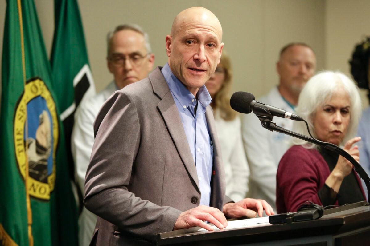 Jeff Duchin, Health Officer, Public Health for Seattle and King County speaks following the death of a a King County, Washington resident due to novel coronavirus (COVID-19) during a press conference in Seattle, W.A. on Feb. 29, 2020. (Jason Redmond/AFP via Getty Images)