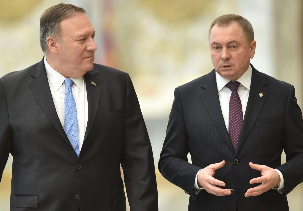 U.S. Secretary of State Mike Pompeo and Belarus' Foreign Minister Vladimir Makei arrive for a joint press statement in Minsk on Feb. 1, 2020. (Sergei Gapon/AFP via Getty Images)