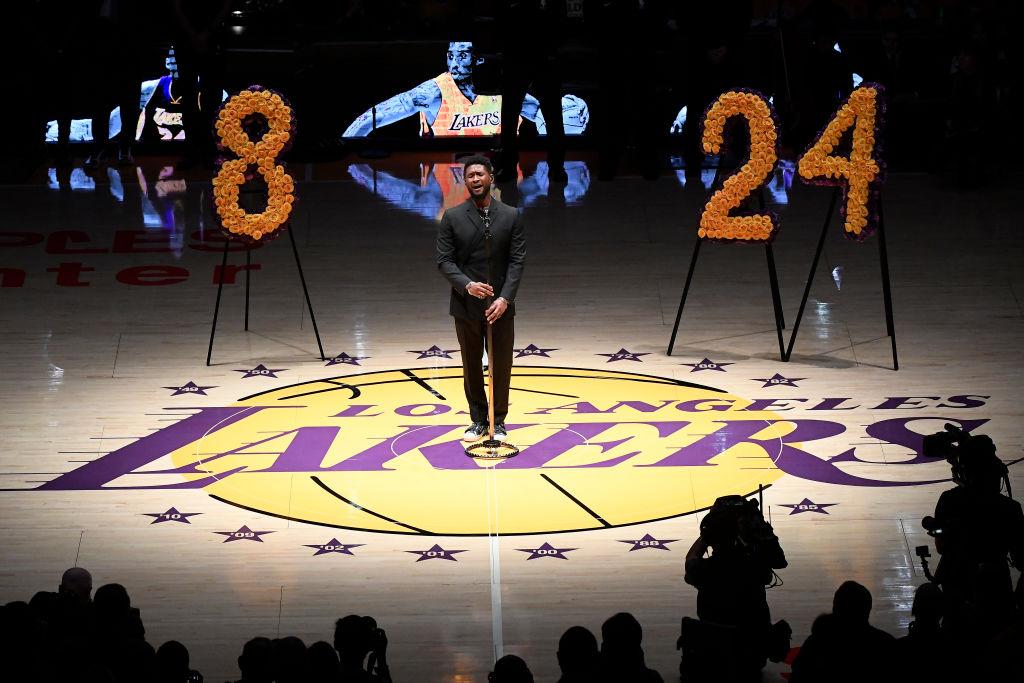 Usher performs as the Los Angeles Lakers honor Kobe Bryant before their game against the Portland Trail Blazers at Staples Center in L.A. on Jan. 31, 2020. (©Getty Images | <a href="https://www.gettyimages.com/detail/news-photo/artists-usher-performs-the-los-angeles-lakers-pregame-news-photo/1203288176?adppopup=true">Kevork Djansezian</a>)
