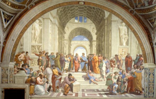 “The School of Athens” fresco by Renaissance artist Raphael depicting the Platonic Academy, a famous school in ancient Athens founded by the philosopher Plato in the early 4th century B.C. In the centre are Plato and Aristotle in discussion. (Public Domain)