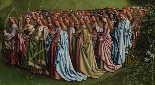Detail of the virgins during the final retouching. (KIK-IRPA/Lukasweb.be-Art in Flanders vzw)