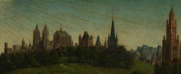 Detail of the buildings on the horizon, before treatment. (KIK-IRPA/Lukasweb.be-Art in Flanders vzw)