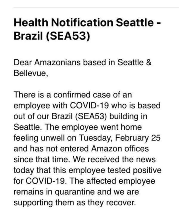 Part of an internal email that Amazon's Brazil office in South Lake Union, Seattle, in Washington sent to its employees after a staff member tested positive for COVID-19 on March 3, 2020. (Supplied)