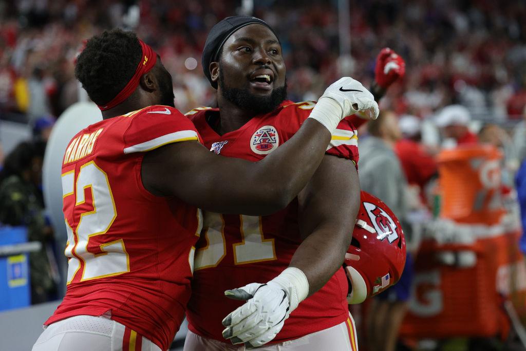 Nnadi, #91 of the Kansas City Chiefs, celebrates with Demone Harris, #52, after defeating the San Francisco 49ers 31-20 in Super Bowl LIV at Hard Rock Stadium in Miami, Florida, on Feb. 2, 2020. (©Getty Images | <a href="https://www.gettyimages.com/detail/news-photo/derrick-nnadi-of-the-kansas-city-chiefs-celebrates-with-news-photo/1203677270">Jamie Squire</a>)