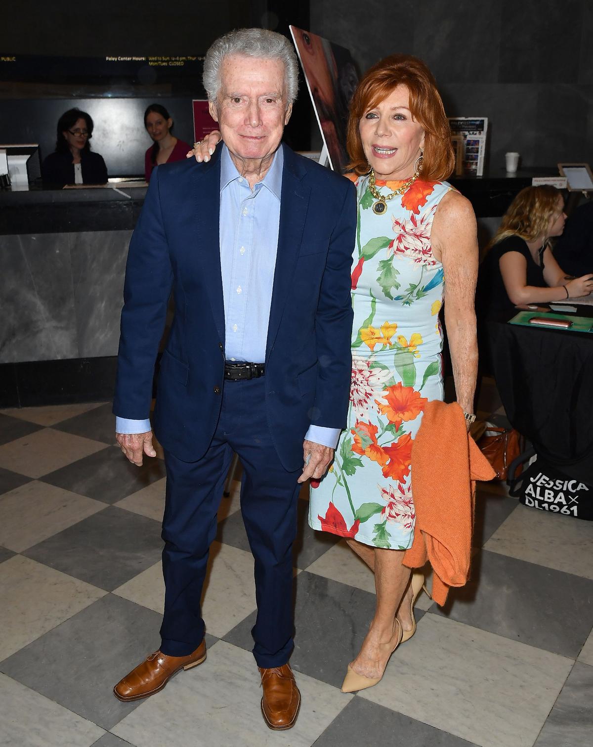 Regis Philbin and his wife, U.S. TV personality Joy Philbin, arrive for the New York screening of "The Wife" at Paley Center on July 26, 2018, in New York City. (©Getty Images | <a href="https://www.gettyimages.com/detail/news-photo/actor-and-media-personality-regis-philbin-and-his-wife-us-news-photo/1005794538">ANGELA WEISS/AFP</a>)