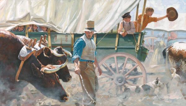 <span style="color: #000000;">Pioneers travel in the wagon train on the westward trail in the 1840s. "Westward Ho!" 2016, by Heide Presse. Oil on linen panel; 24 inches by 42 inches. (Courtesy of Heide Presse)</span>