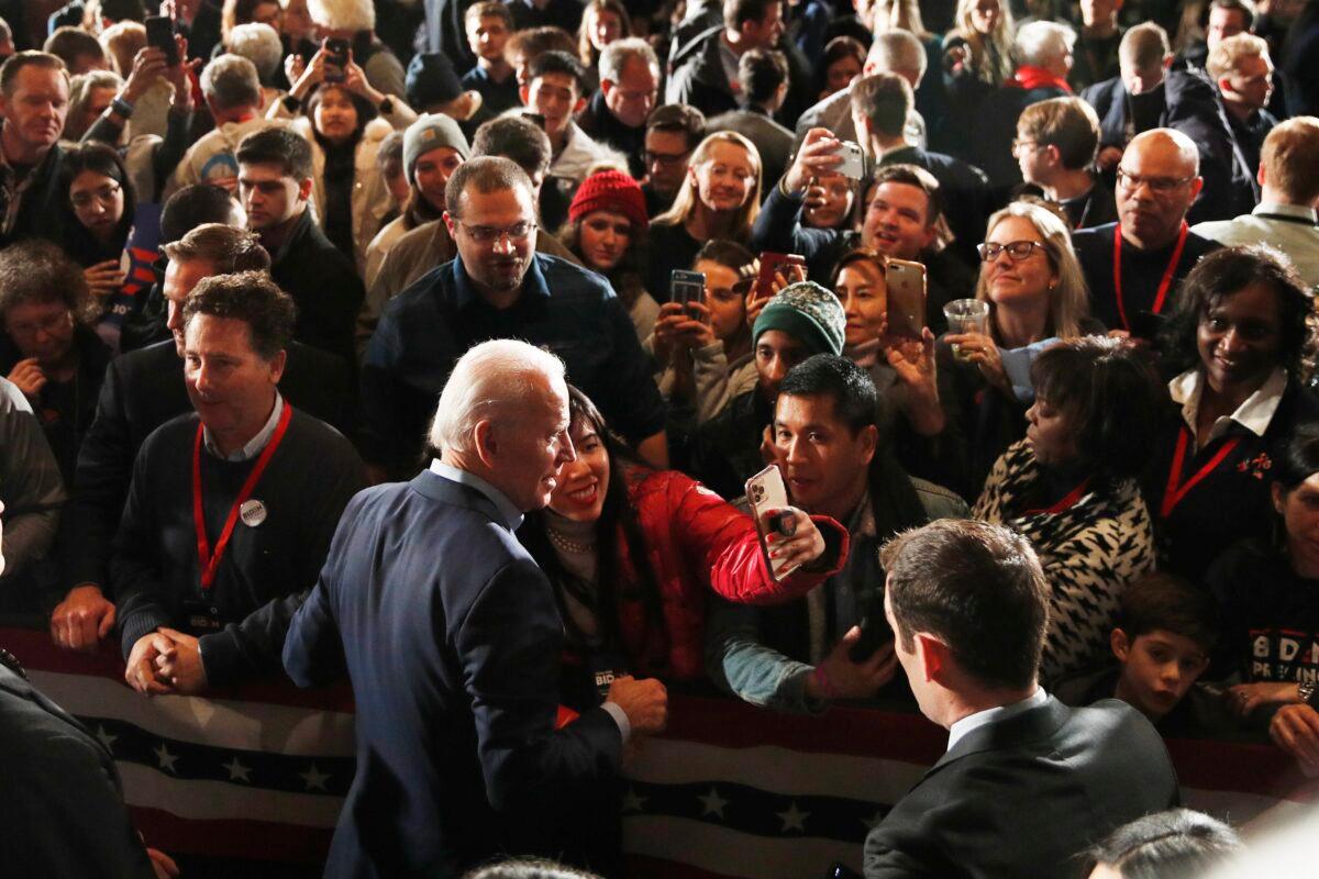 Democratic presidential candidate former Vice President Joe Biden walks in the crowd at a caucus night campaign rally in Des Moines, Iowa, on Feb. 3, 2020. (John Locher/AP Photo)