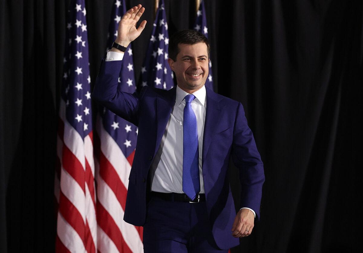 Democratic presidential candidate former South Bend, Indiana, Mayor Pete Buttigieg arrives at a watch party at Drake University in Des Moines, Iowa, on Feb. 3, 2020. (Win McNamee/Getty Images)