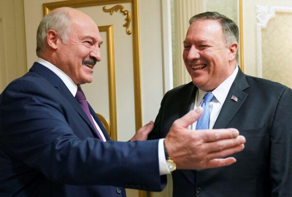 Belarusian President Alexander Lukashenko greets U.S. Secretary of State Mike Pompeo during a meeting in Minsk, Belarus, on Feb. 1, 2020. (Kevin Lamarque/Pool/Reuters)