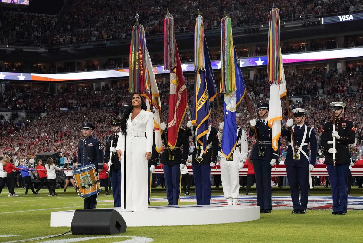 Demi Lovato sings the National Anthem ahead of Super Bowl LIV between the Kansas City Chiefs and the San Francisco 49ers at Hard Rock Stadium in Miami Gardens, Florida, on Feb. 2, 2020. (©Getty Images | <a href="https://www.gettyimages.com/detail/news-photo/singer-demi-lovato-sings-the-national-anthem-ahead-of-super-news-photo/1198184703?adppopup=true">TIMOTHY A. CLARY</a>)
