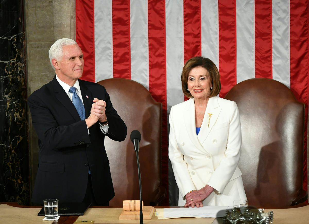 Vice President Mike Pence and Speaker of the House Nancy Pelosi are seen at their seats before President Donald Trump's State of the Union address at the U.S. Capitol in Washington on Feb. 4, 2020. (Mandel Ngan/AFP via Getty Images)