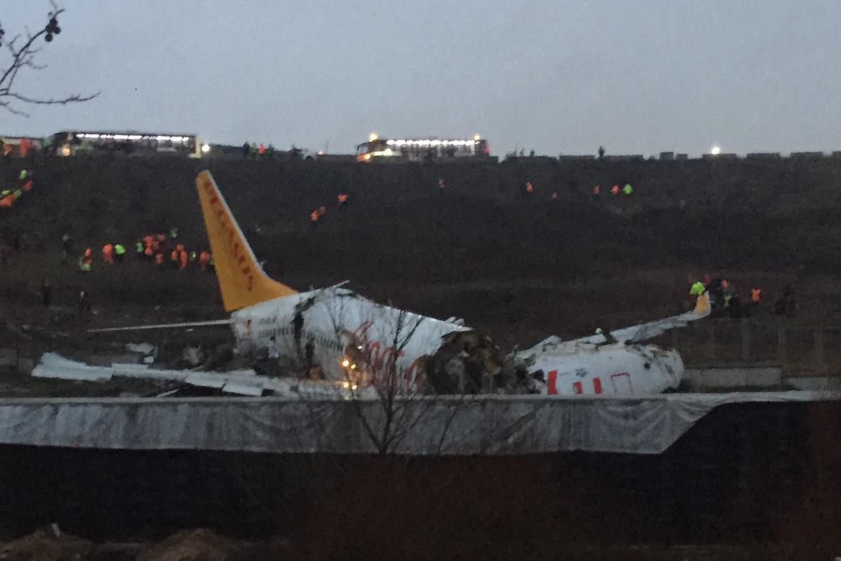 A Pegasus Airlines Boeing 737 plane skidded off the runway at Istanbul's Sabiha Gokcen airport on Feb. 5, 2020. (Muhammed Demir/AFP via Getty Images)