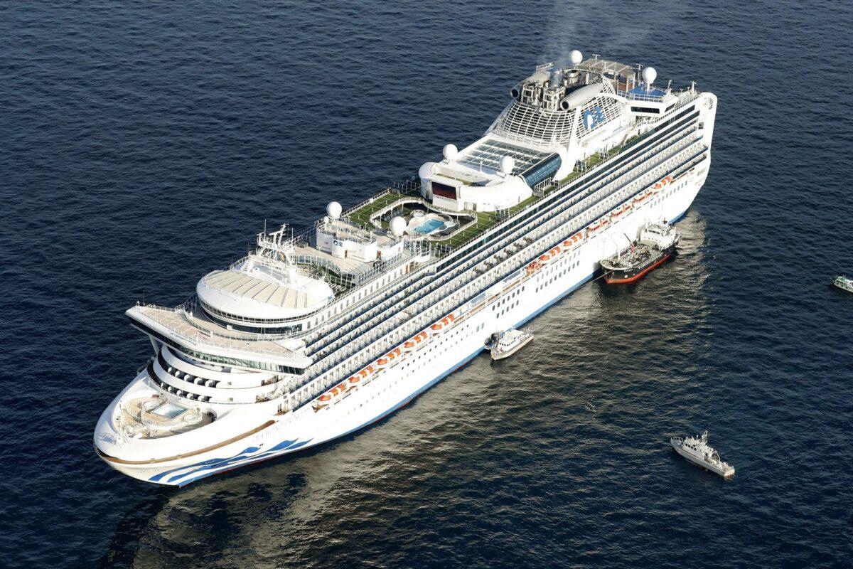 Cruise ship Diamond Princess is anchored off the shore of Yokohama, south of Tokyo on Feb. 5, 2020. (Hiroko Harima/Kyodo News via AP)