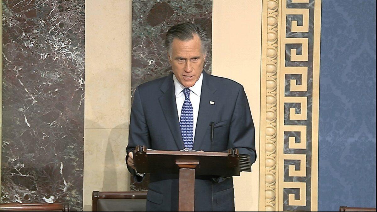Sen. Mitt Romney (R-Utah) speaks on the Senate floor about the impeachment trial against President Donald Trump at the U.S. Capitol in Washington, on Feb. 5, 2020. (Senate Television via AP)
