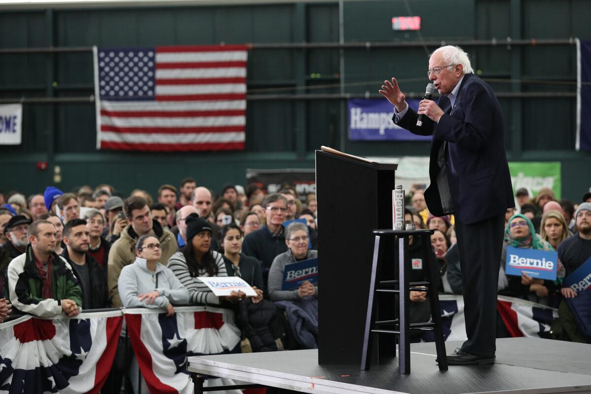 Democratic presidential candidate Sen. Bernie Sanders (I-VT) speaks at a campaign rally in Milford, New Hampshire on Feb. 4, 2020. (Joe Raedle/Getty Images)