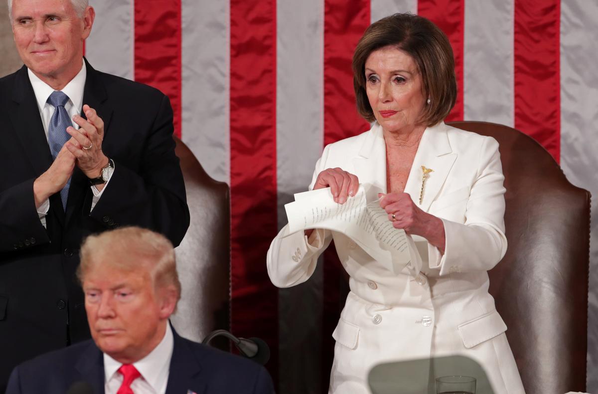 House Speaker Nancy Pelosi (D-Calif.) rips up the speech of President Donald Trump after his State of the Union address to a joint session of Congress in the House Chamber of the U.S. Capitol in Washington on Feb. 4, 2020. (Jonathan Ernst/Reuters)