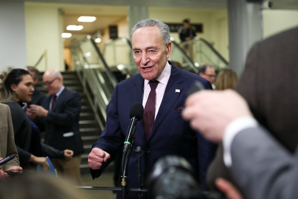 Senate Minority Leader Sen. Chuck Schumer (D-N.Y.) talks to media after the closing arguments of the impeachment trial of President Donald Trump in Washington on Feb. 3, 2020. (Charlotte Cuthbertson/The Epoch Times)
