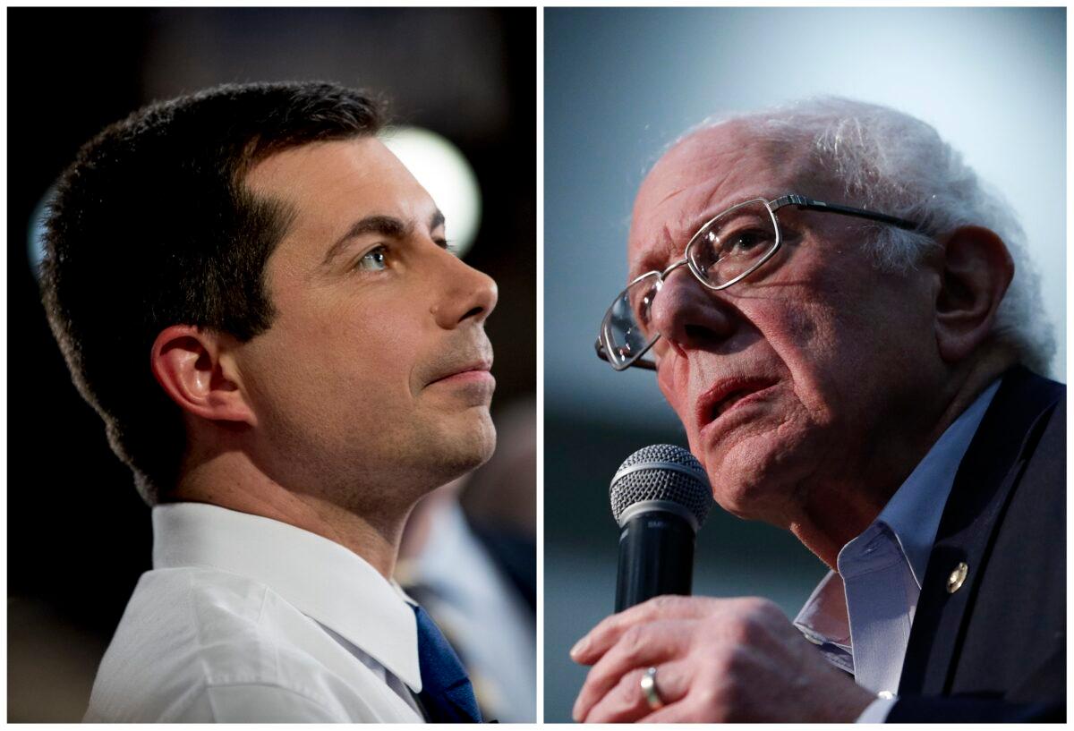 This combination of Jan. 26, 2020, photos show at left, Democratic presidential candidate former South Bend, Ind., Mayor Pete Buttigieg on Jan. 26, 2020, in Des Moines, Iowa; and at right Democratic presidential candidate Sen. Bernie Sanders (I-Vt.) in Sioux City, Iowa. (AP Photo)