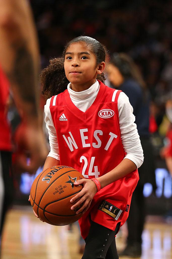 Gianna handles the ball during warm-ups before the NBA All-Star Game at the Air Canada Center in Toronto, Ontario, on Feb. 14, 2016. (©Getty Images | <a href="https://www.gettyimages.com/detail/news-photo/gianna-bryant-daughter-of-kobe-bryant-of-the-los-angeles-news-photo/511140614?adppopup=true">Elsa</a>)