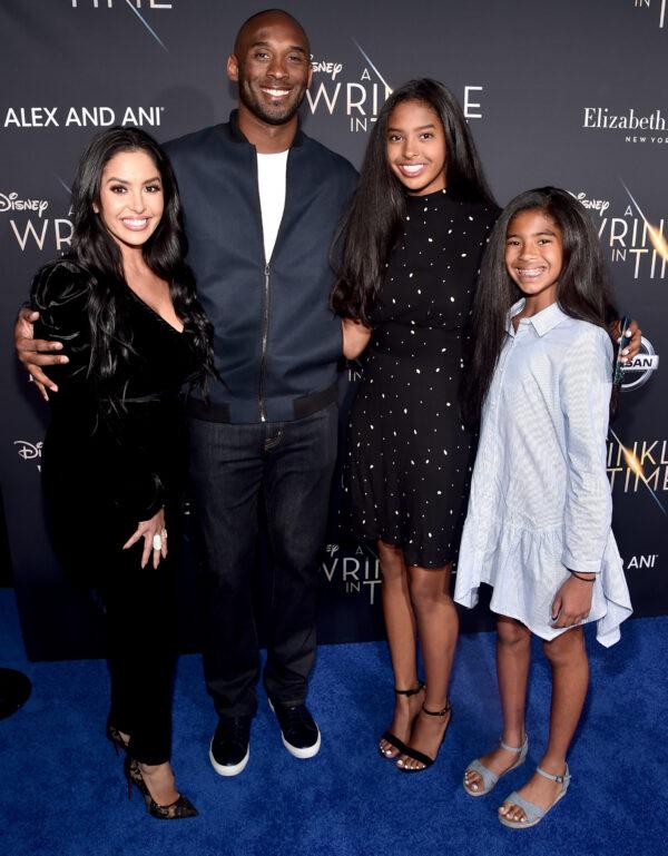 (L-R) Vanessa Laine Bryant, former NBA player Kobe Bryant, Natalia Diamante Bryant, and Gianna Maria-Onore Bryant arrive at the world premiere of Disney's "A Wrinkle in Time" at the El Capitan Theatre in Hollywood Calif., on Feb. 26, 2018. (Alberto E. Rodriguez/Getty Images for Disney)