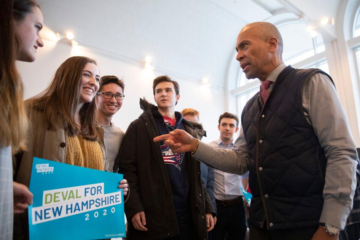Democratic presidential candidate former Massachusetts Gov. Deval Patrick speaks speaks to students after a town hall meeting at the Hopkins Center for the Arts at Dartmouth College in Hanover, N.H. on, Feb. 3, 2020. (Mary Altaffer/AP Photo)